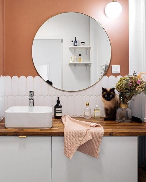 Carrelage uni blanc 7,2X19,5 sur un mur de salle de bain bois et blanc, avec un chat et des accessoires