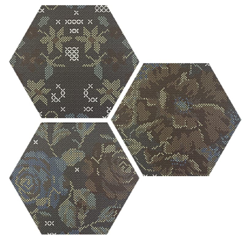 Carrelage hexagonal décoré style rétro PUNTO CROCE BLACK DECOR 25x30 cm - R10 - 0.935m² - 2