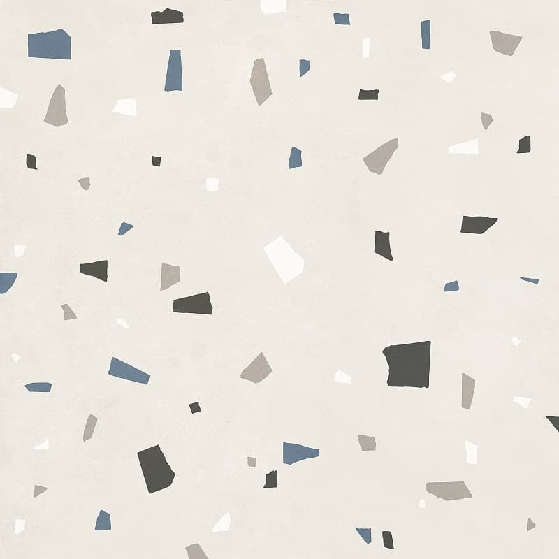 Carrelage Terrazzo blanc avec éclats gris bleutés et sable 80x80 cm