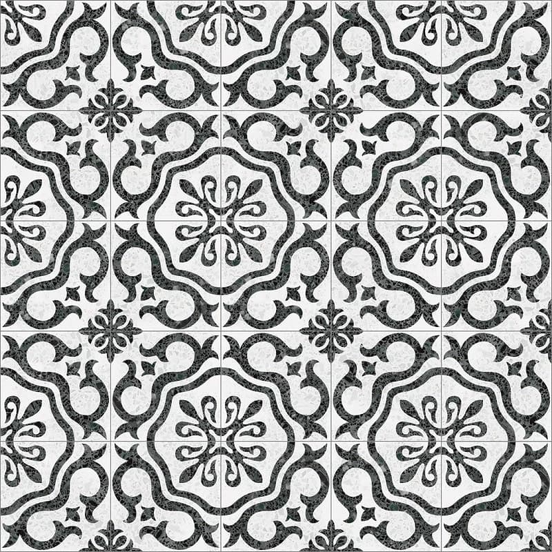Carrelage Terrazzo noir et blanc avec motifs floraux et géométriques 20x20 cm