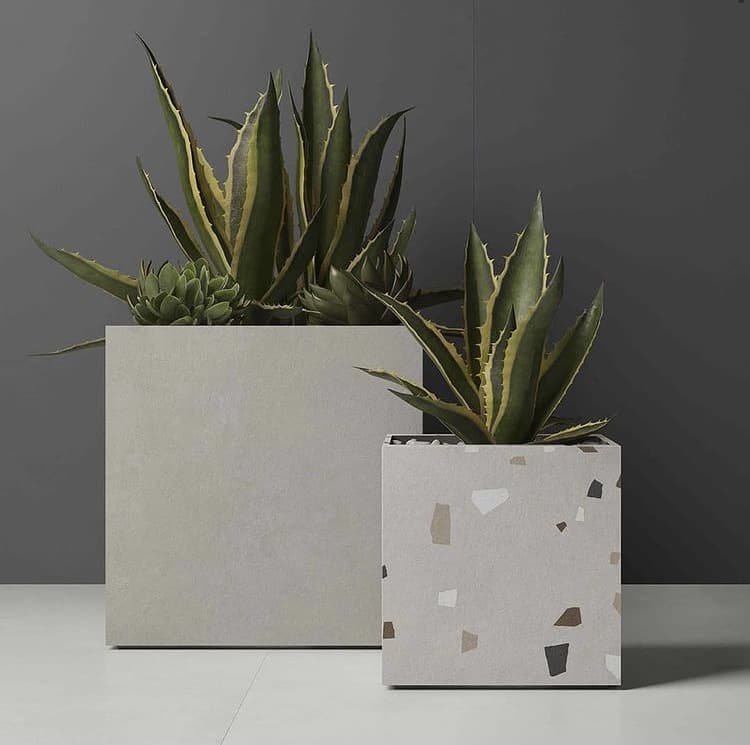 Carrelage Terrazzo blanc parsemé de morceaux gris et beiges 80x80 cm sur une boîte avec plantes vertes sur fond gris