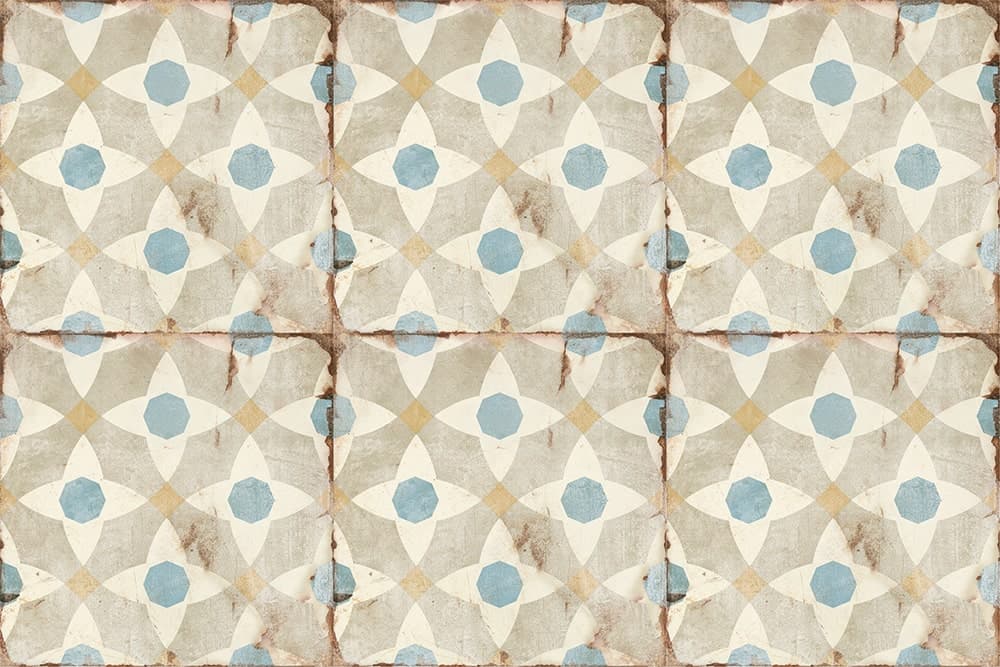 Carreau de ciment multicouleur à motifs géométriques bleus et beiges taille 20x20 cm