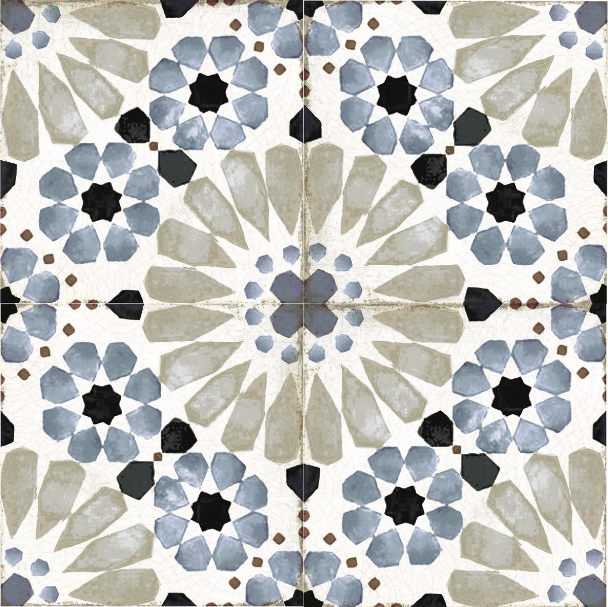 Carreau de ciment gris avec motifs floraux en nuances de bleu et gris, dimension 20x20 cm