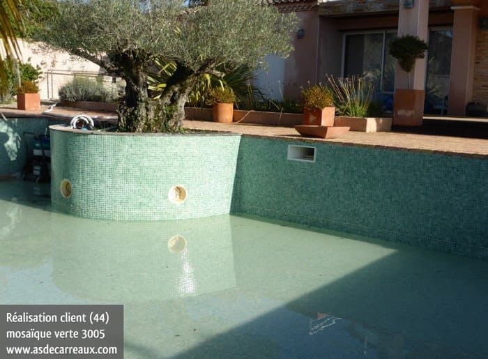 Carrelage uni vert 30x30 cm sur piscine extérieure tons de terre cuite plantes ornementales et mobilier de jardin