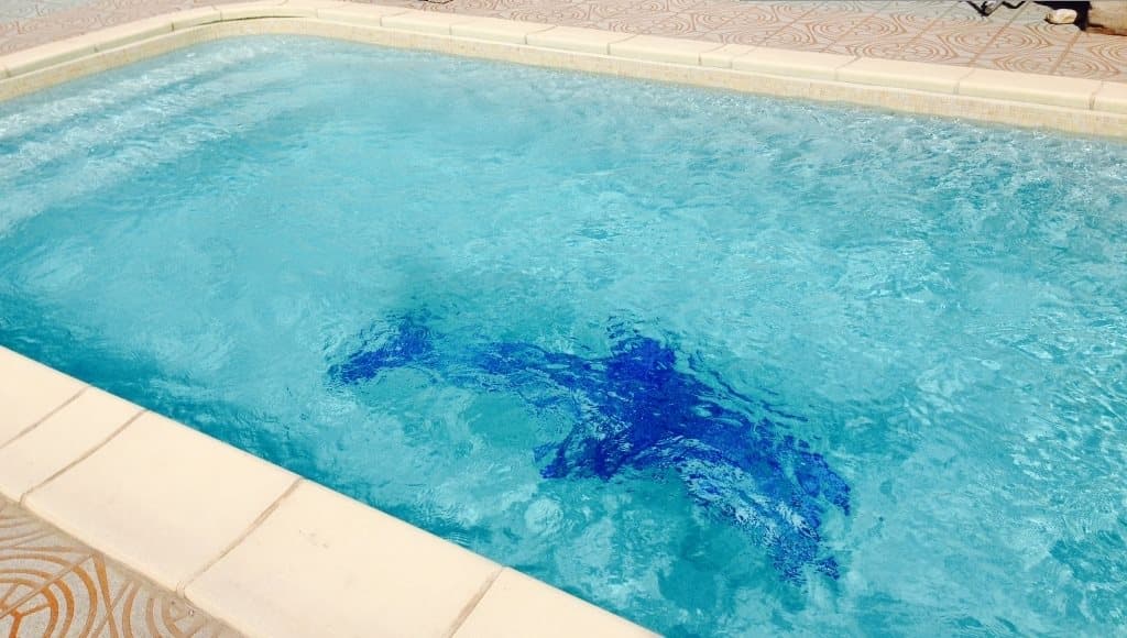 Carrelage uni vert clair 30x30 cm sur le bord de piscine nuances de bleu eau transparente et chaises longues