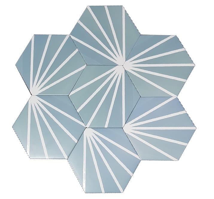Carreau de ciment bleu clair à motifs géométriques blancs 19.9x23 cm