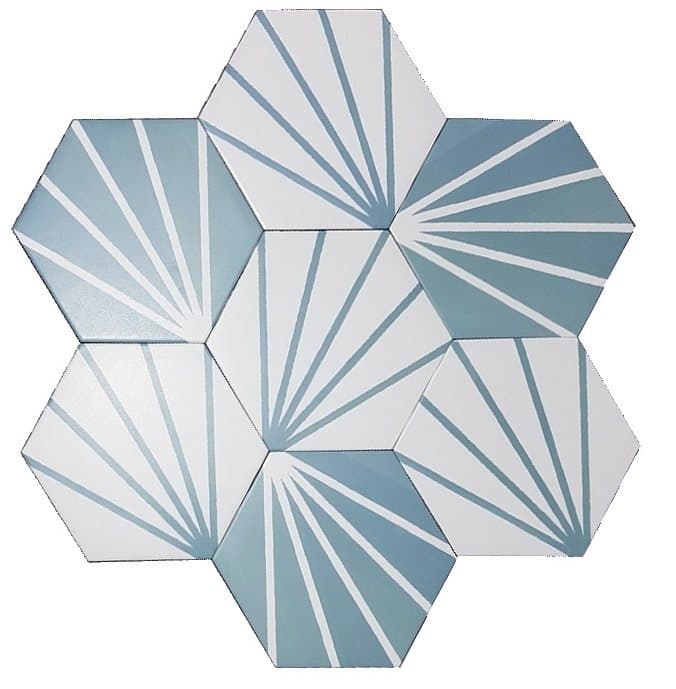 Carreaux de ciment bleus nuances de bleu clair à bleu moyen motifs géométriques 19.9x23 cm