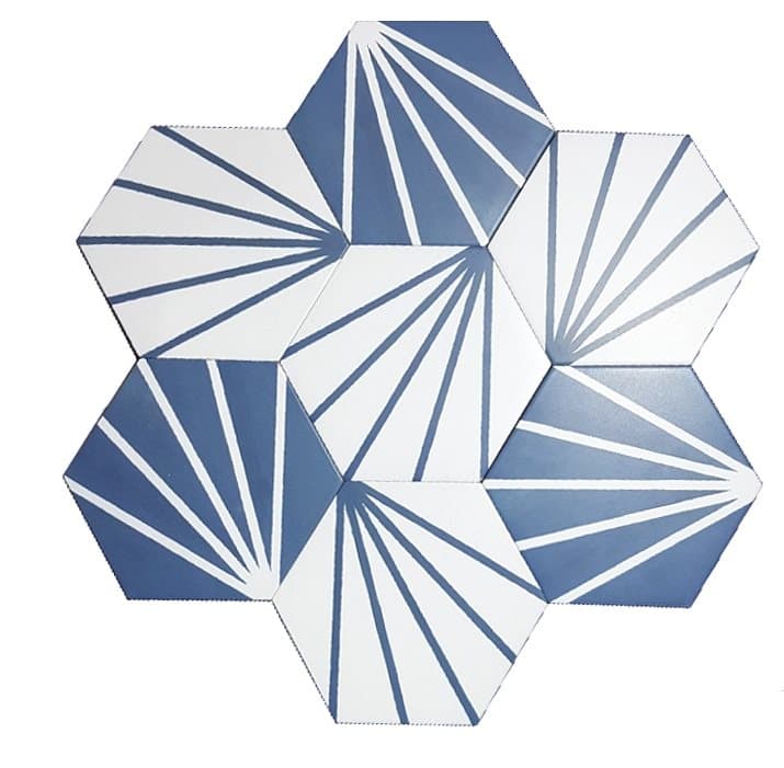 Carreau de ciment bleu et blanc motifs géométriques 19.9x23 cm