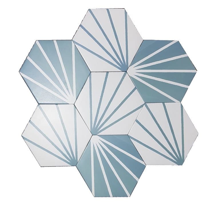 Carreau de ciment blanc avec motifs géométriques bleus, taille 19.9x23 cm