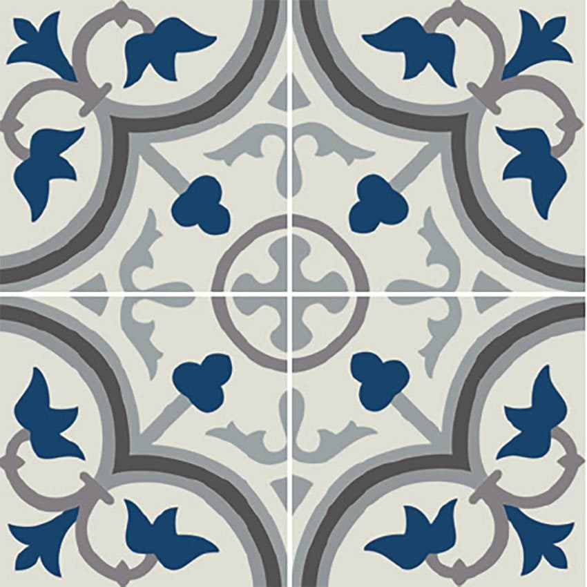 Carreau de ciment bleu avec décorations florales et géométriques, nuances de gris, taille 20x20 cm