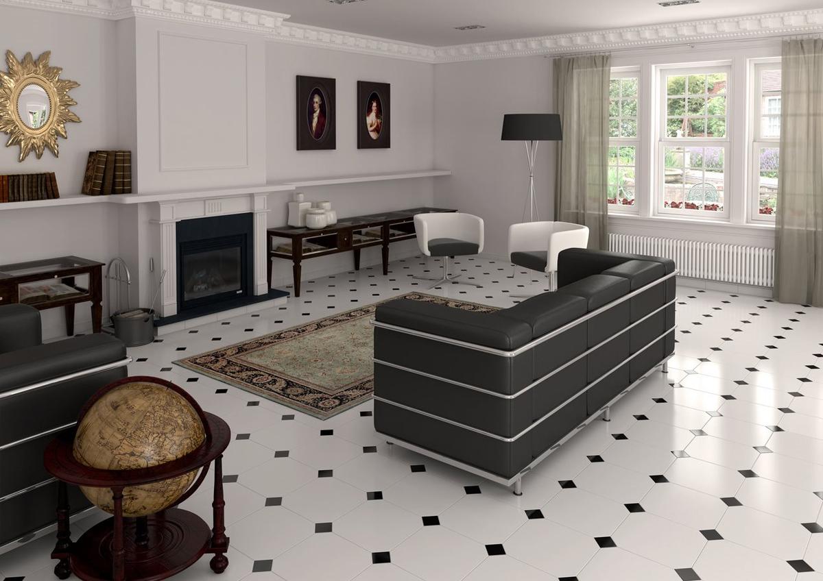 Carrelage uni blanc avec incrustations noires 30x30 cm dans un salon moderne aux murs blancs et mobilier noir et bois