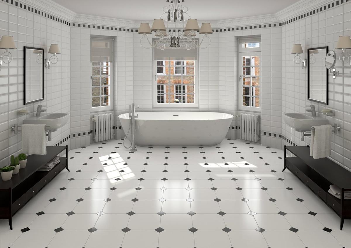 Carrelage blanc uni avec touches de noir 30x30 cm dans une salle de bain lumière naturelle murs carrelés blancs baignoire élégante