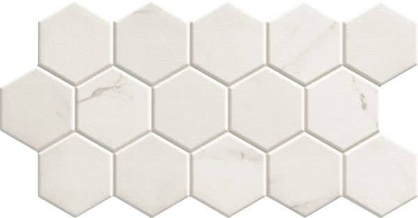 Carrelage blanc relief hexagonal effet marbré veines grises