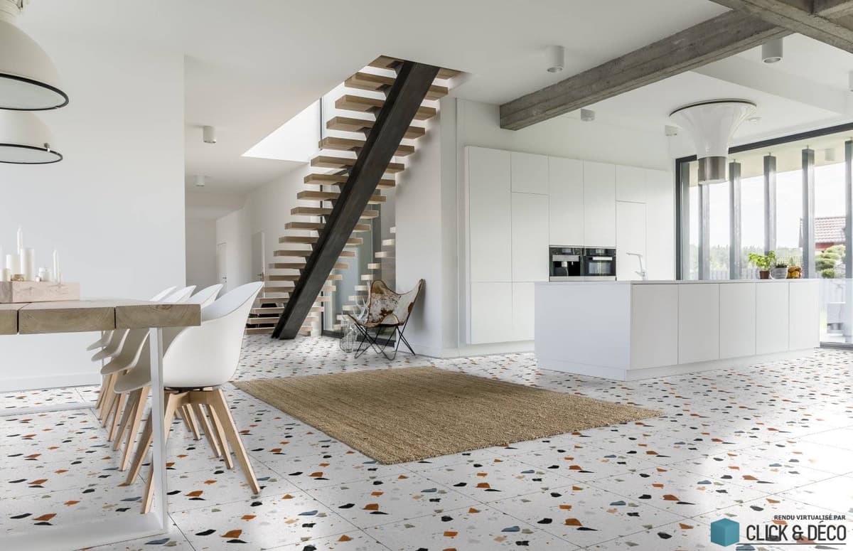 Carrelage Terrazzo blanc avec éclats multicolores 60x60 cm dans une cuisine moderne blanche avec îlot central et escalier design