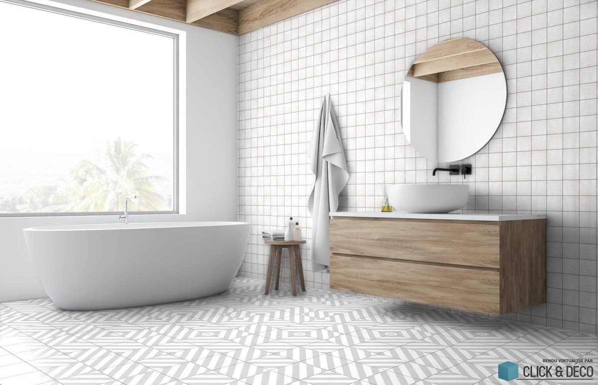 Zellige blanc motifs géométriques 10x10 cm dans une salle de bain épurée bois et blanc avec baignoire, meuble vasque, miroir rond
