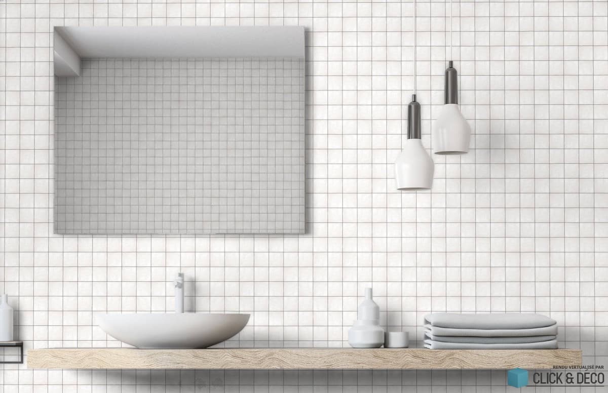 Zellige blanc mat dans une salle de bain épurée avec mobilier bois et détails gris, éclairage suspendu moderne