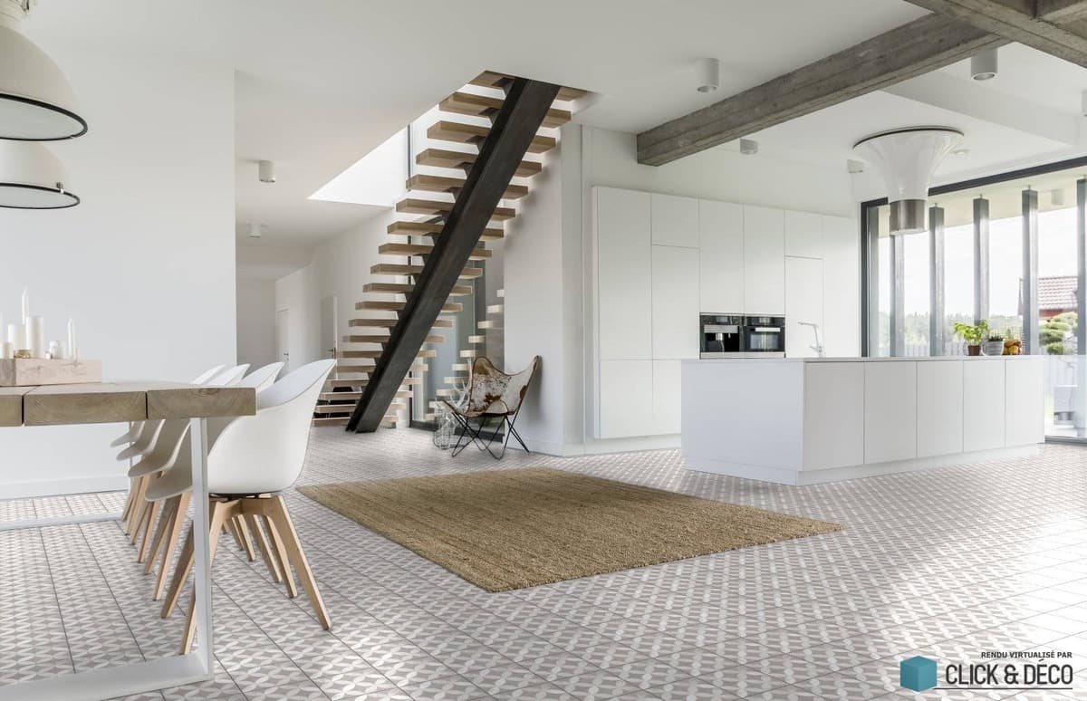 Carreau de ciment gris à motifs géométriques blancs 20x20 cm dans une cuisine moderne blanche avec îlot central, escalier bois et métal, tapis beige