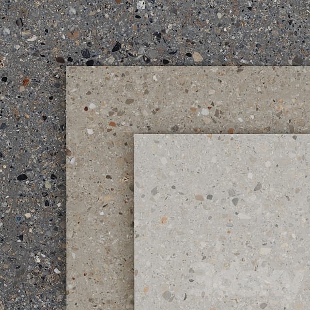 Carrelage Terrazzo blanc nuances de gris et touches de marron motif éclats de pierre taille 60x60 cm