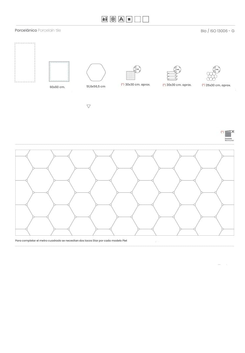Carrelage hexagonal grand format imitation béton SPA PIET CENIZA 51'6X56'5 - 0,913 m²