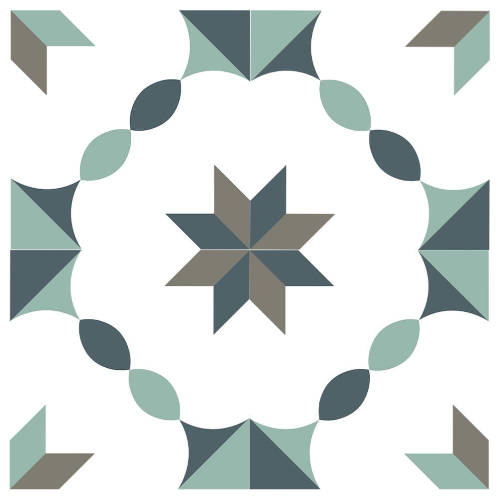 Carreau de ciment vert avec motifs de fleurs et géométriques en nuances de vert, gris et blanc 20x20 cm
