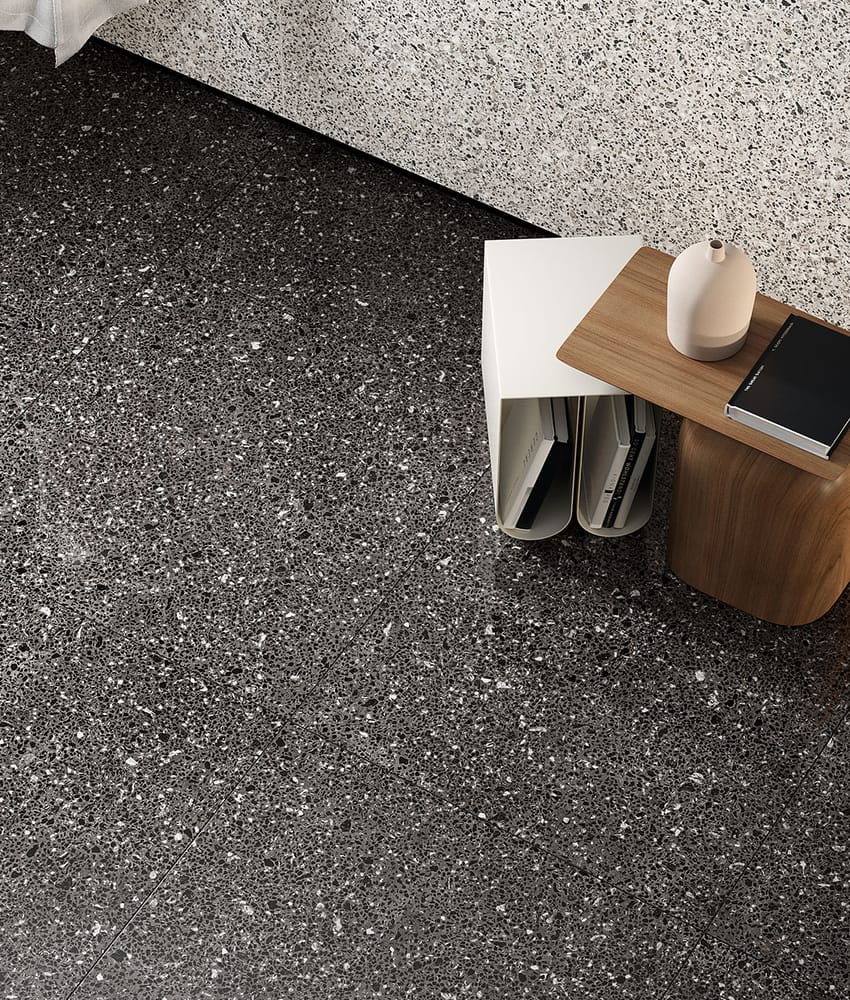 Carrelage grès cérame brillant effet pierre ALBURY BLACK 75X75 - 1,12m²