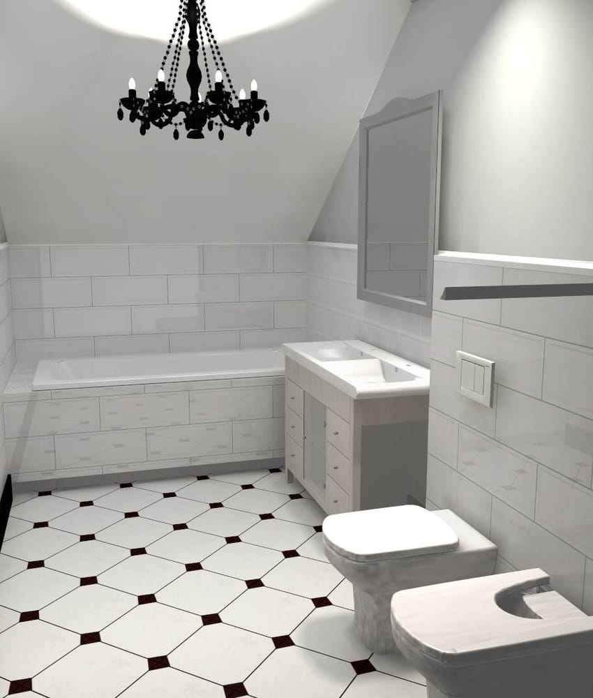 Carrelage uni blanc avec motifs géométriques hexagonaux sur sol de salle de bain moderne avec meubles blancs et lustre élégant