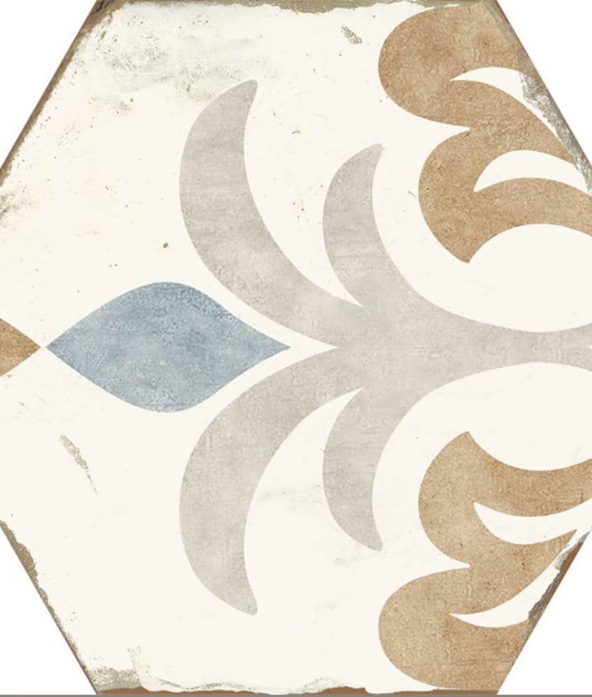 Carreau de ciment multicouleur avec motifs floraux en teintes de bleu et beige, idéal pour un design rétro ou moderne