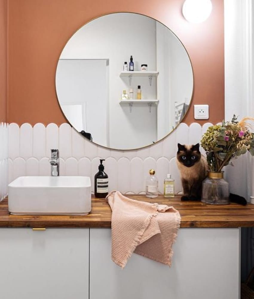 Carrelage uni blanc 7,2X19,5 sur un mur de salle de bain bois et blanc, avec un chat et des accessoires