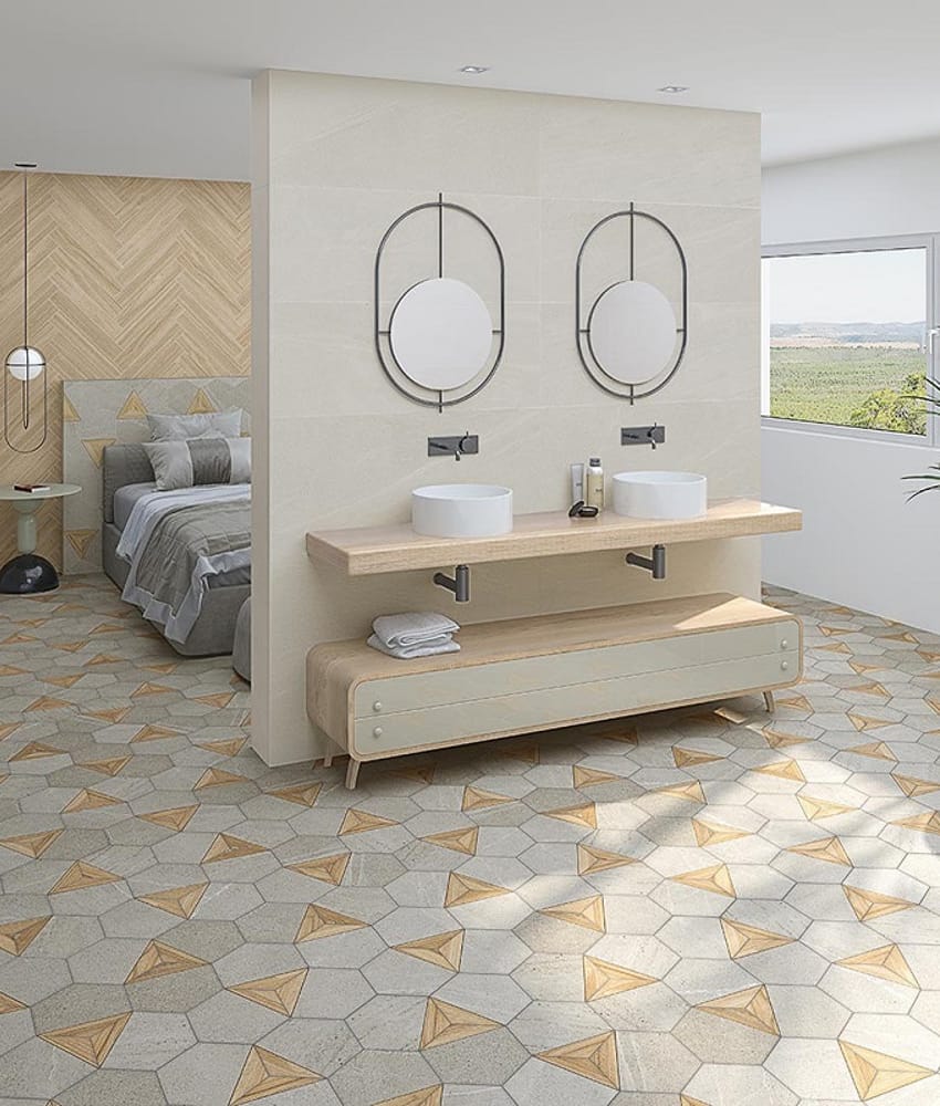 Carrelage hexagonal tomette effet pierre bois 23x26.6cm HEXAGONO LIGARD Gris- 0.504m²
