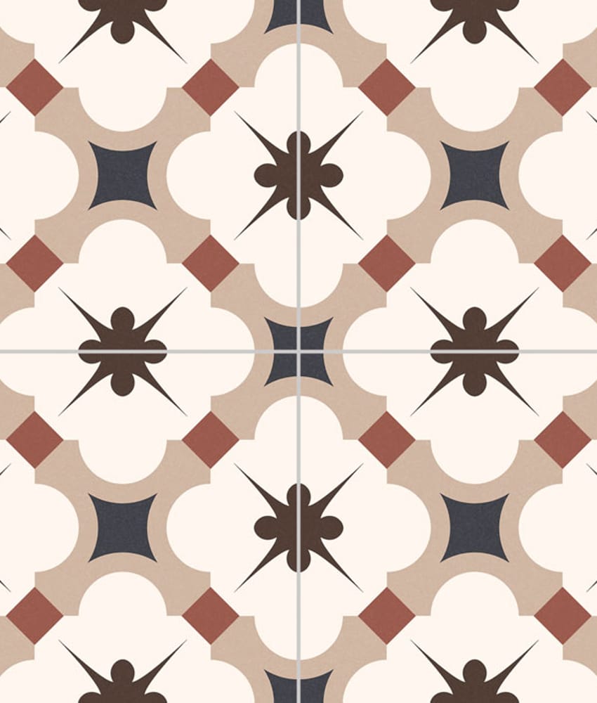 Carreau de ciment rouge avec motifs en croix et fleurs beige et noire 15x15 cm