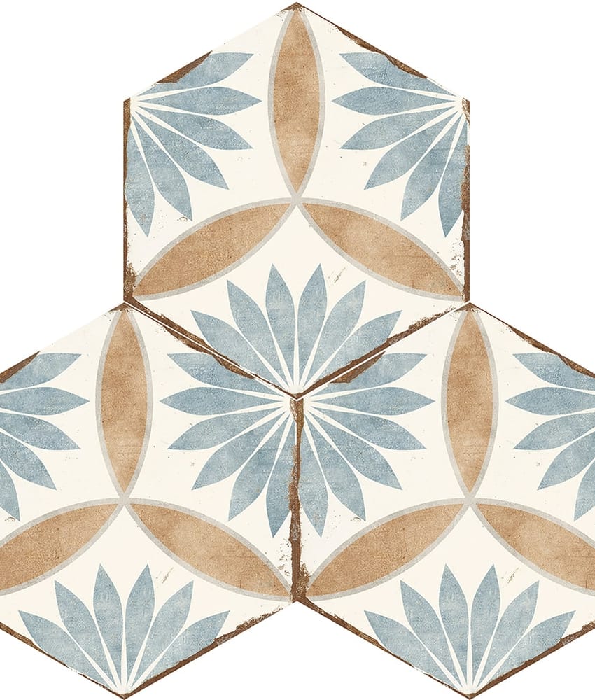 Carreau de ciment multicouleur avec motifs floraux en bleu beige et marron
