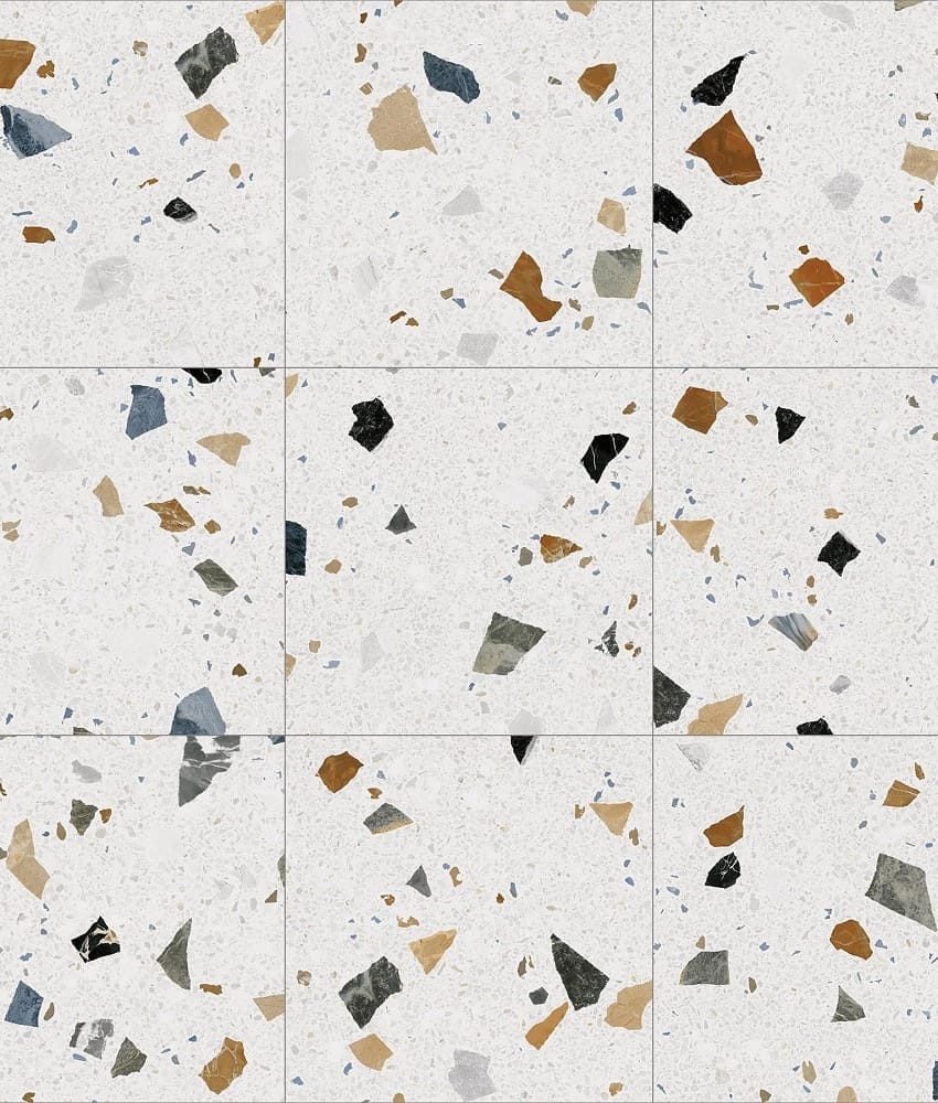 Carrelage Terrazzo blanc avec éclats bruns, beiges, noirs et gris, 60x60 cm