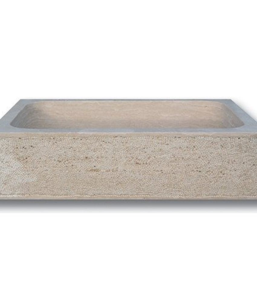 Vasques en pierre naturelle Évier 1 bac travertin beige face bouchardée bords droits 70x46x18 cm - As de Carreaux