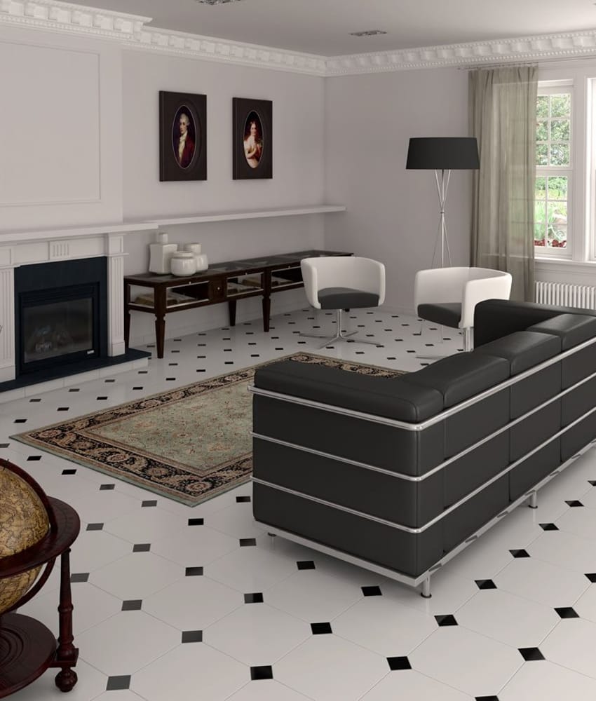 Carrelage uni blanc avec incrustations noires 30x30 cm dans un salon moderne aux murs blancs et mobilier noir et bois