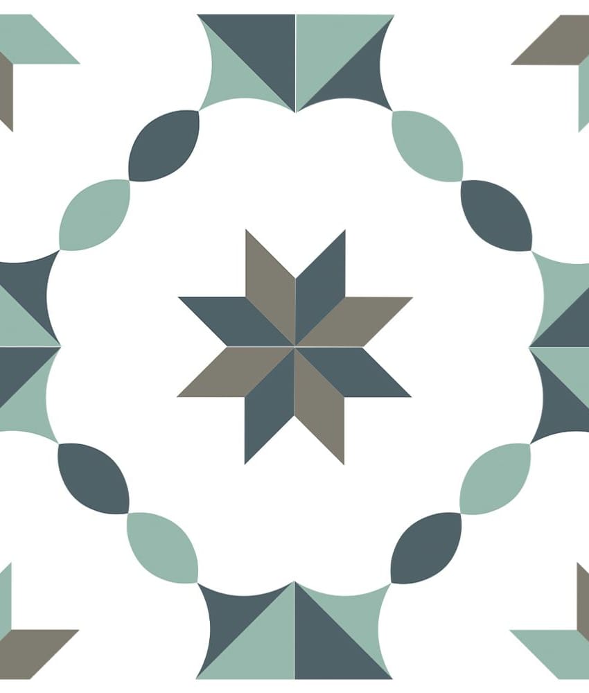 Carreau de ciment vert avec motifs de fleurs et géométriques en nuances de vert, gris et blanc 20x20 cm
