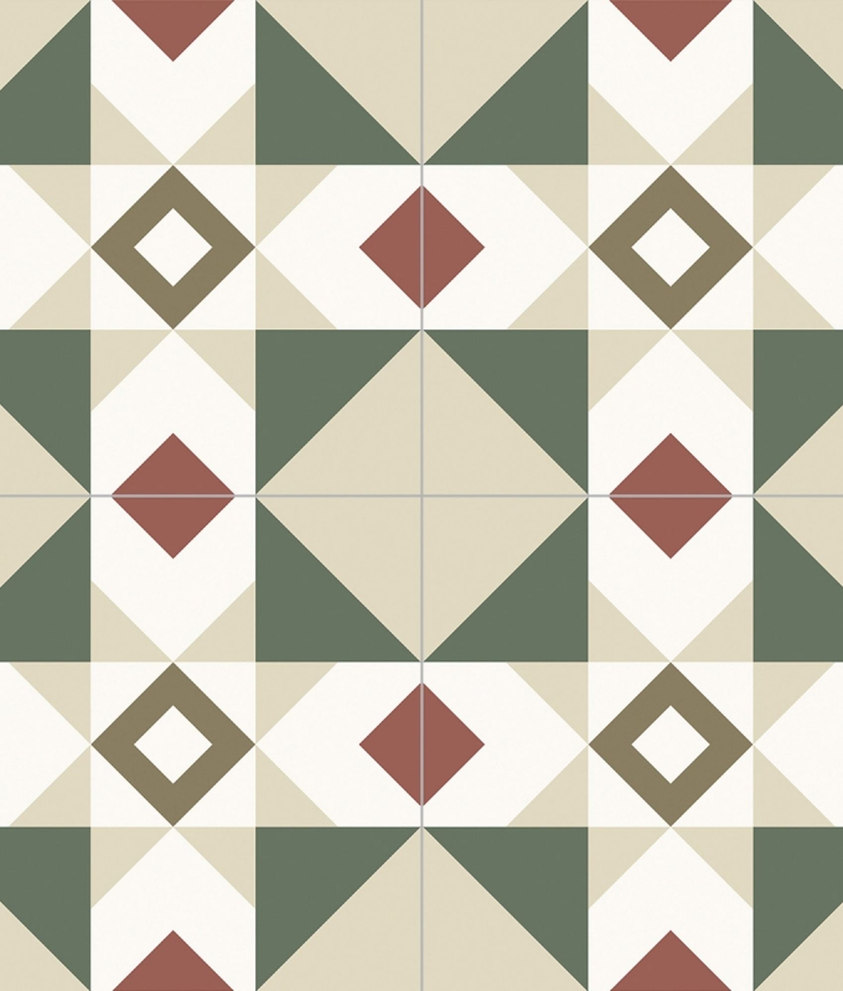Carreau de ciment vert avec motifs géométriques en tons de beige et rouge, taille 20x20 cm