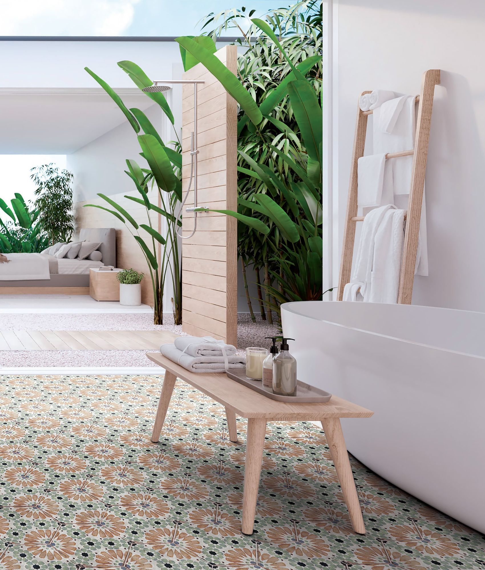 Carreau de ciment vert à motifs floraux dans salle de bain épurée aux tons beige et blanc avec baignoire et accessoires en bois