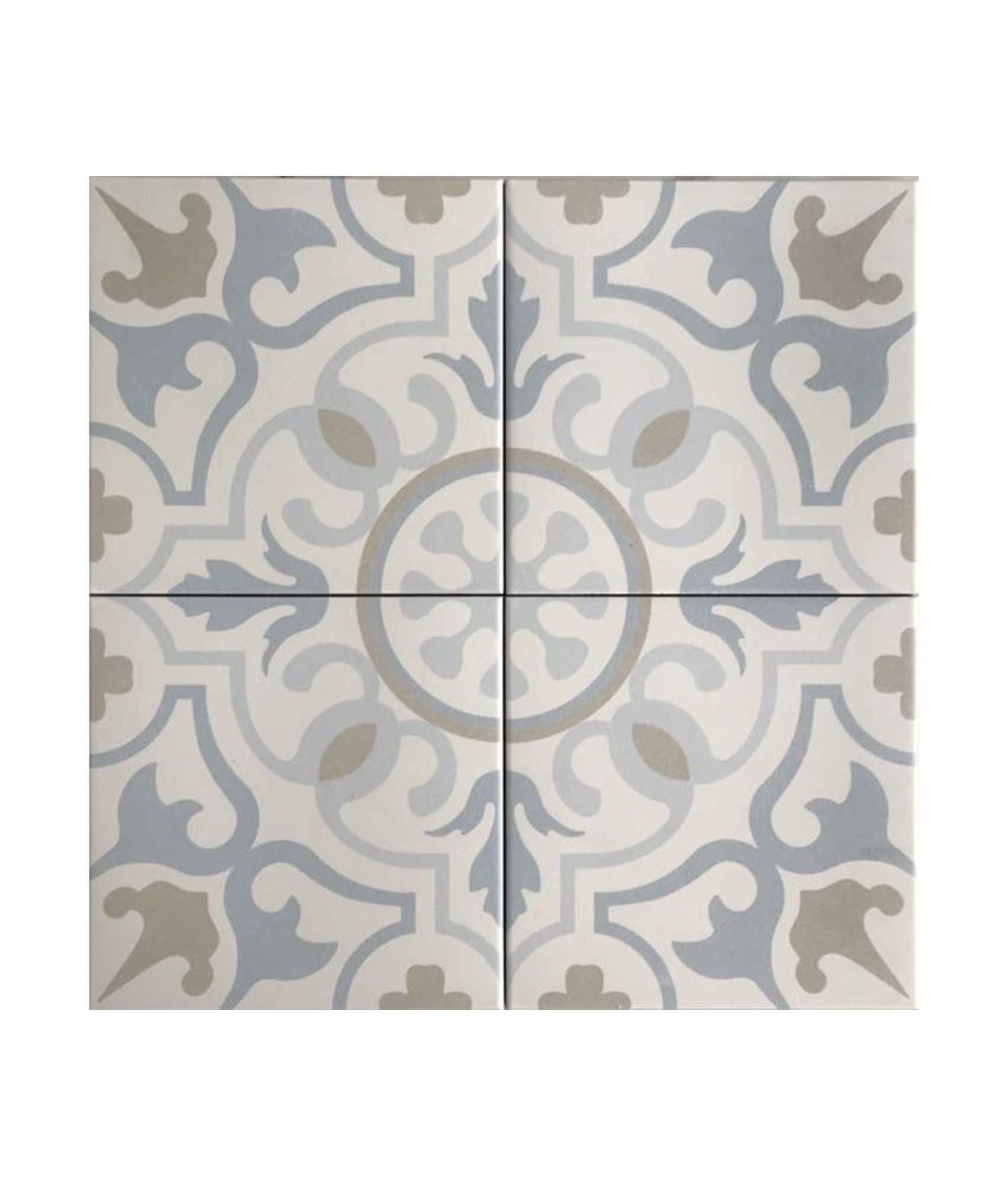 Carreau de ciment bleu nuances de gris et beige motifs floraux et géométriques 20x20 cm