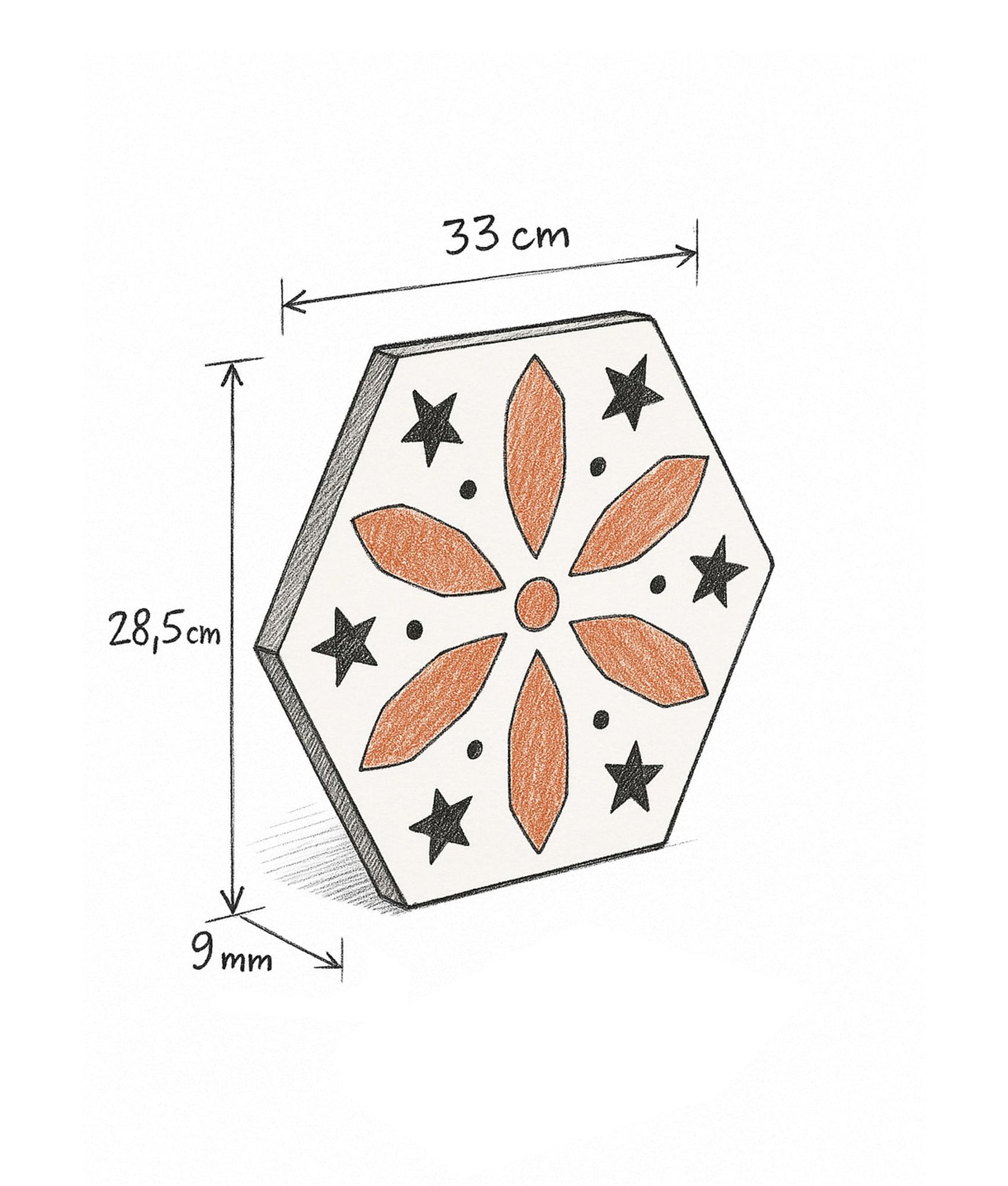 Carrelage tomette décorée style ciment Andalusi Mix – Grès cérame mat – 33x28,5 cm