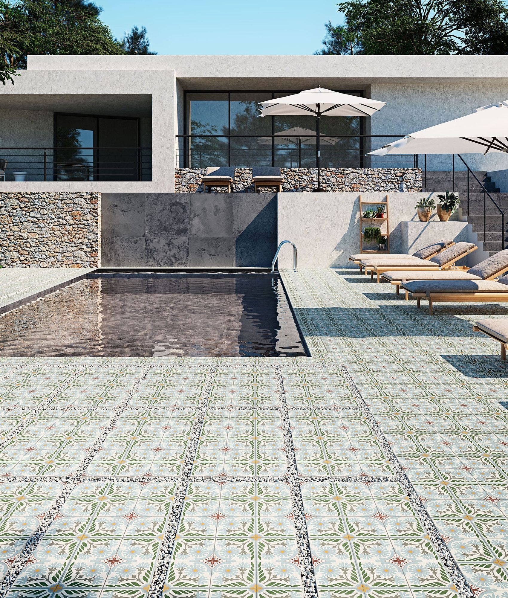Carrelage imitation ciment ALTEA OLIVO - 59.2x59.2 cm R10 - 1.402m² - Extérieur - Plage_de_piscine - Sol - Terasse