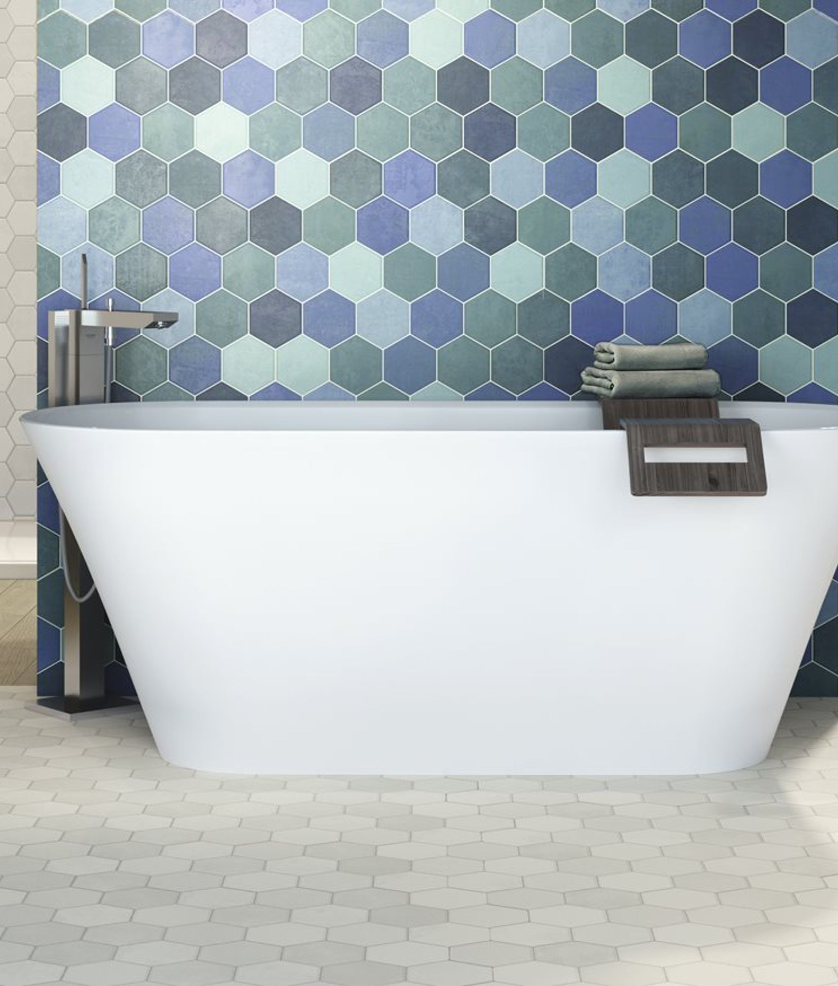 Carrelage uni blanc hexagonal dans une salle de bain moderne avec meubles en bois et détails bleus, éclairage doux, ambiance épu