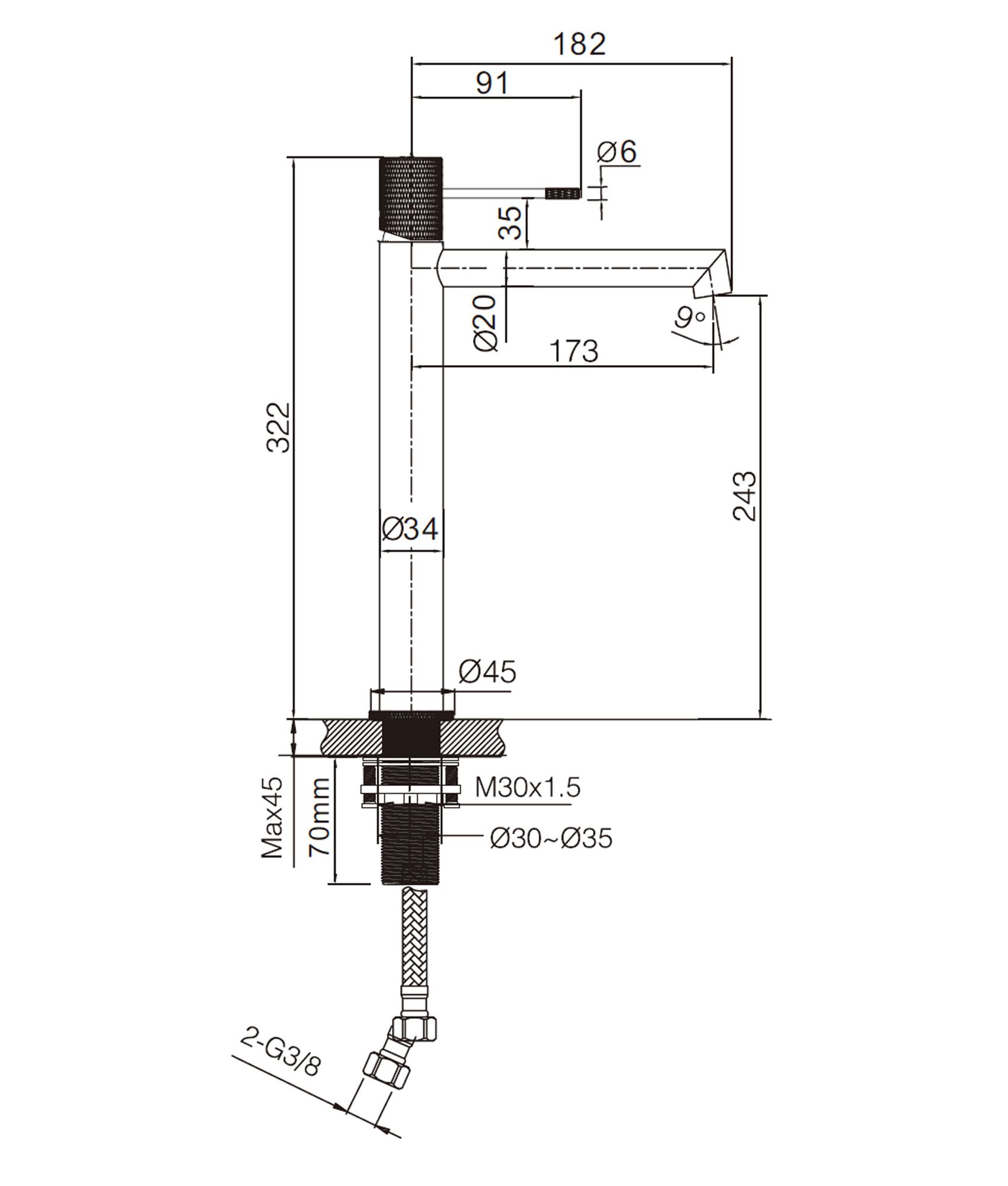 Mitigeur lavabo haut LINE Nickel brossé - BDD038-3NQ 43X27X0,8