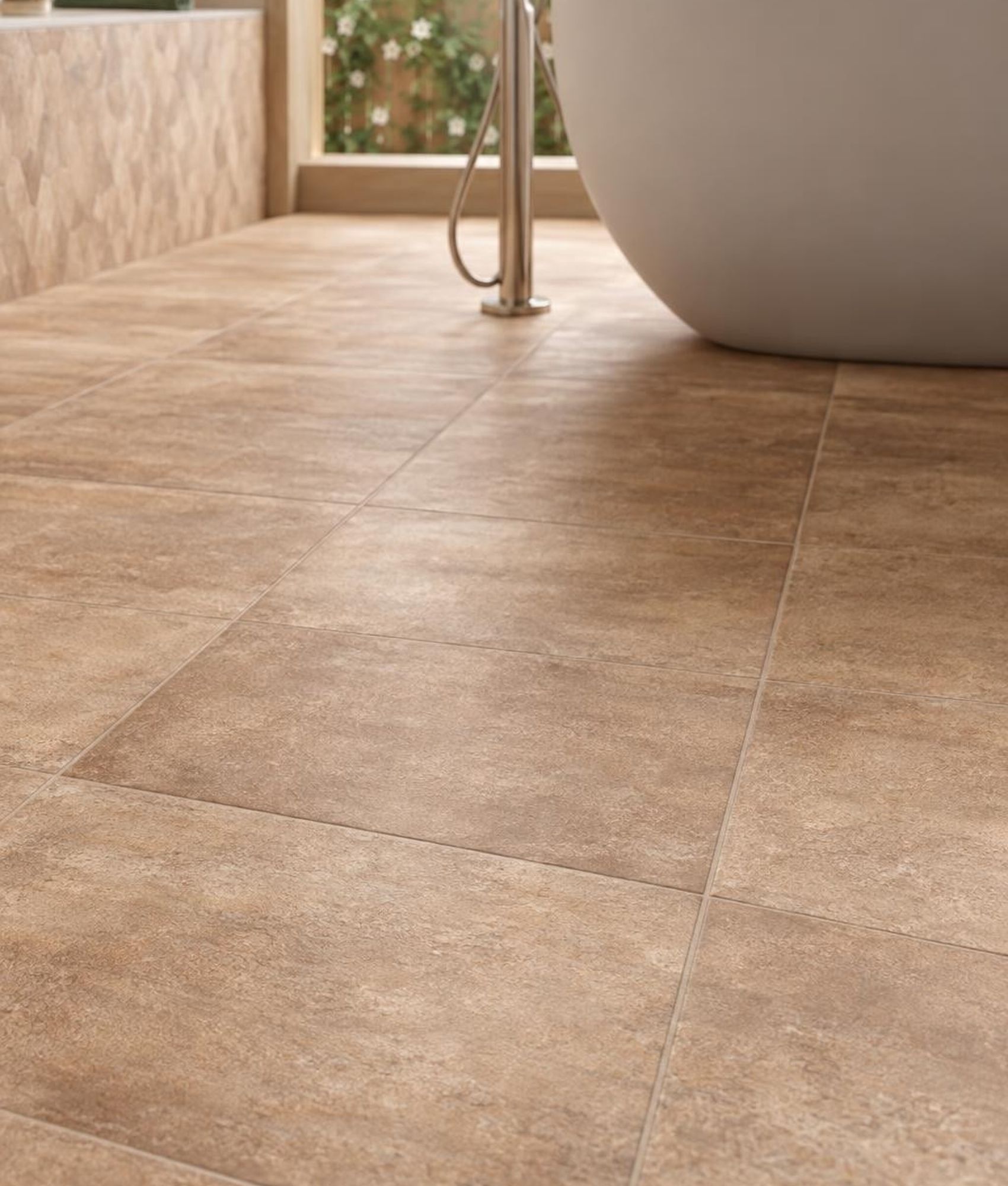 Carrelage terre cuite blanc 20x20 cm dans une salle de bain tons bois clair et blanc, avec baignoire ovale et détails verts