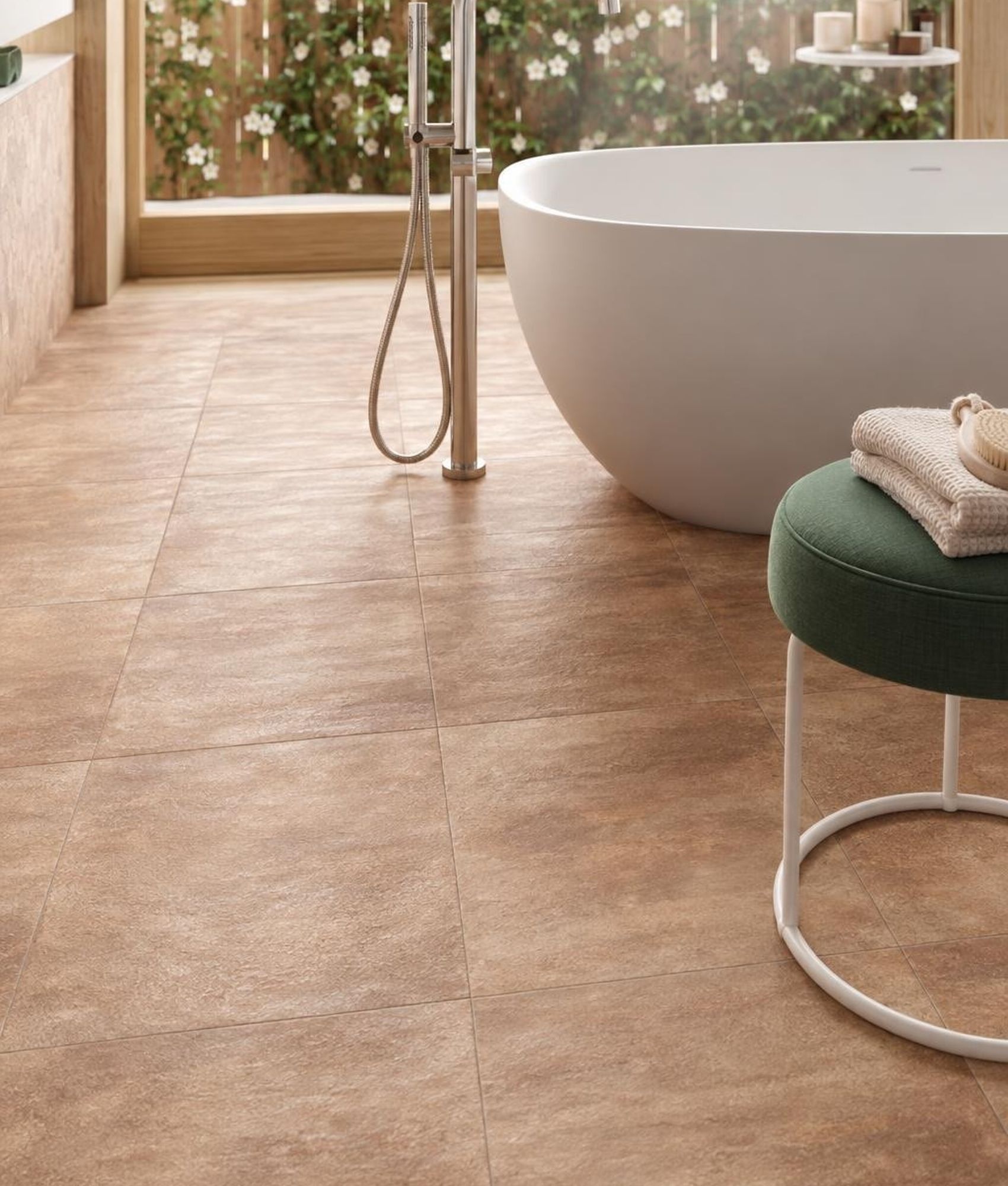 Carrelage terre cuite blanc 20x20 cm dans une salle de bain tons bois clair et blanc, avec baignoire ovale et détails verts