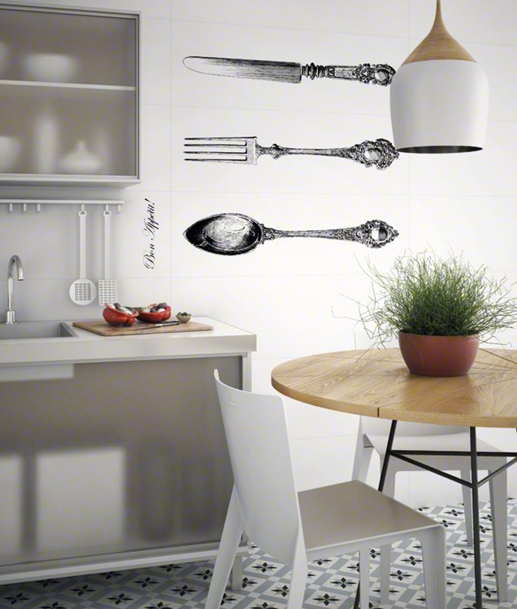 Carreau de ciment noir et blanc avec motifs géométriques 20x20 cm dans une cuisine moderne blanche avec meubles sans poignées et