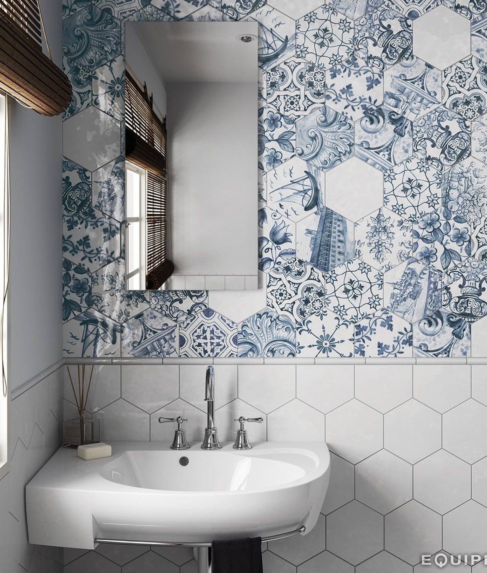 Tomette brillante patchwork bleu Lisboa sol ou mur 17.6x20.1 cm - As de Carreaux