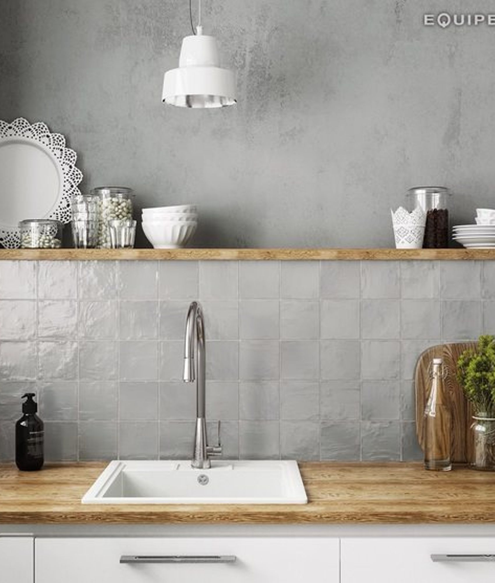 carrelage Zellige gris sans motifs 10x10 cm dans une cuisine moderne gris clair avec plan de travail en bois et suspensions blan