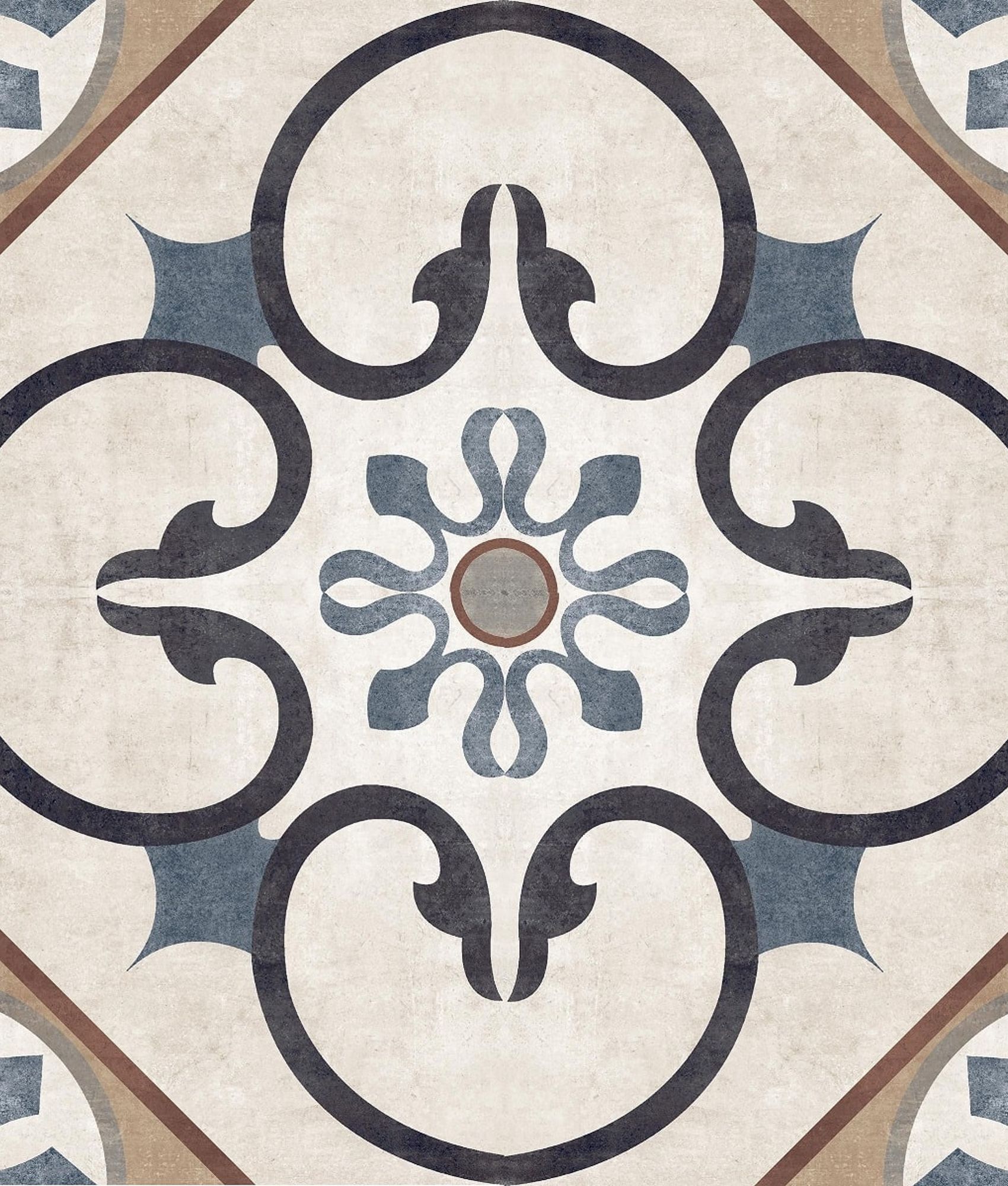 Carreau de ciment multicouleur avec motifs floraux et géométriques en beige, bleu marine et touches de rouge, 20x20 cm